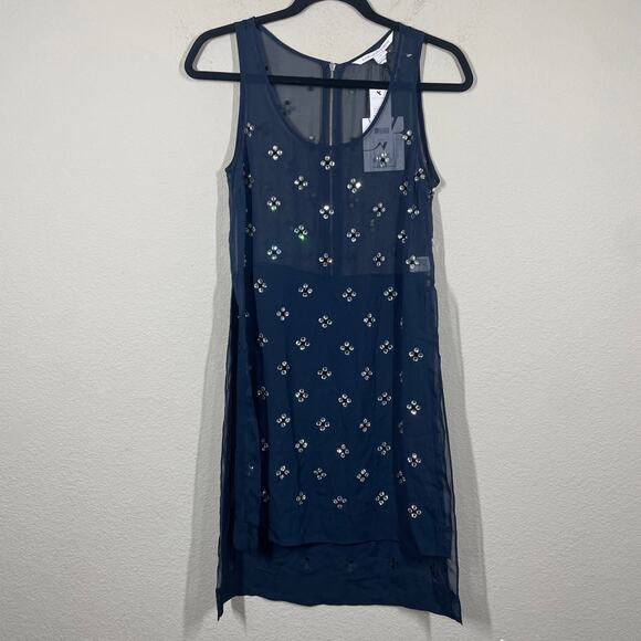 Diane Von Furstenberg 2 Abrielle Crystal Scoop Dress Mini Navy Silk Sleeveless - Picture 2 of 14